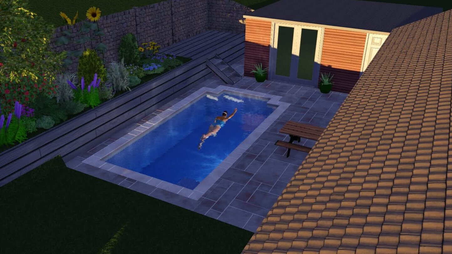 3D small swimming pool design with raised planters and a patio area